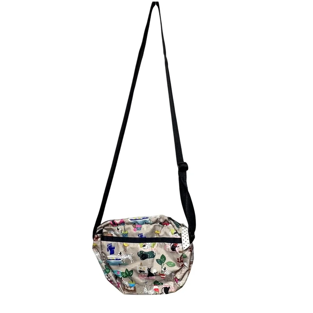 LeSportsac Womens Crossbody Bag Cat Dog Novelty Print Small Tan Nylon Messenger